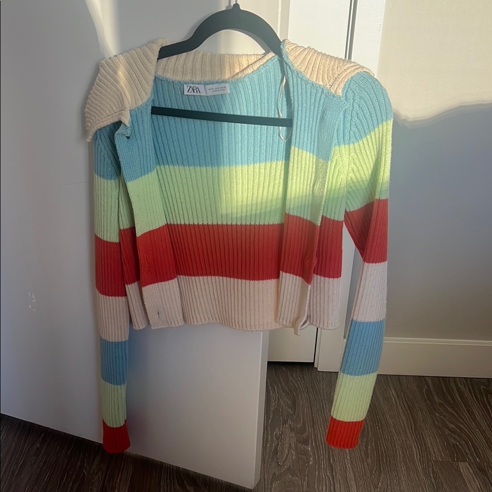 Zara Blue and Red Cardigan with Ribbed Knit Texture